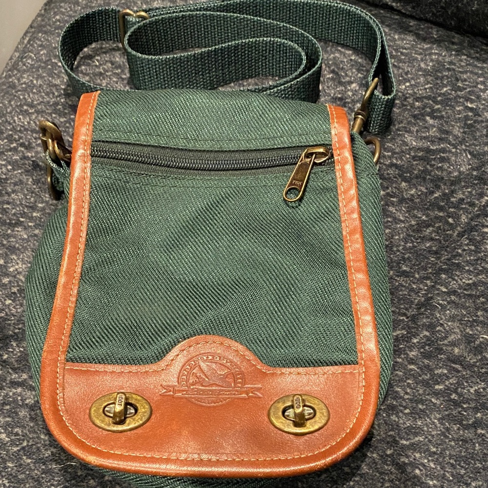 Green Canvas Crossbody Bag with Brown Leather Trim